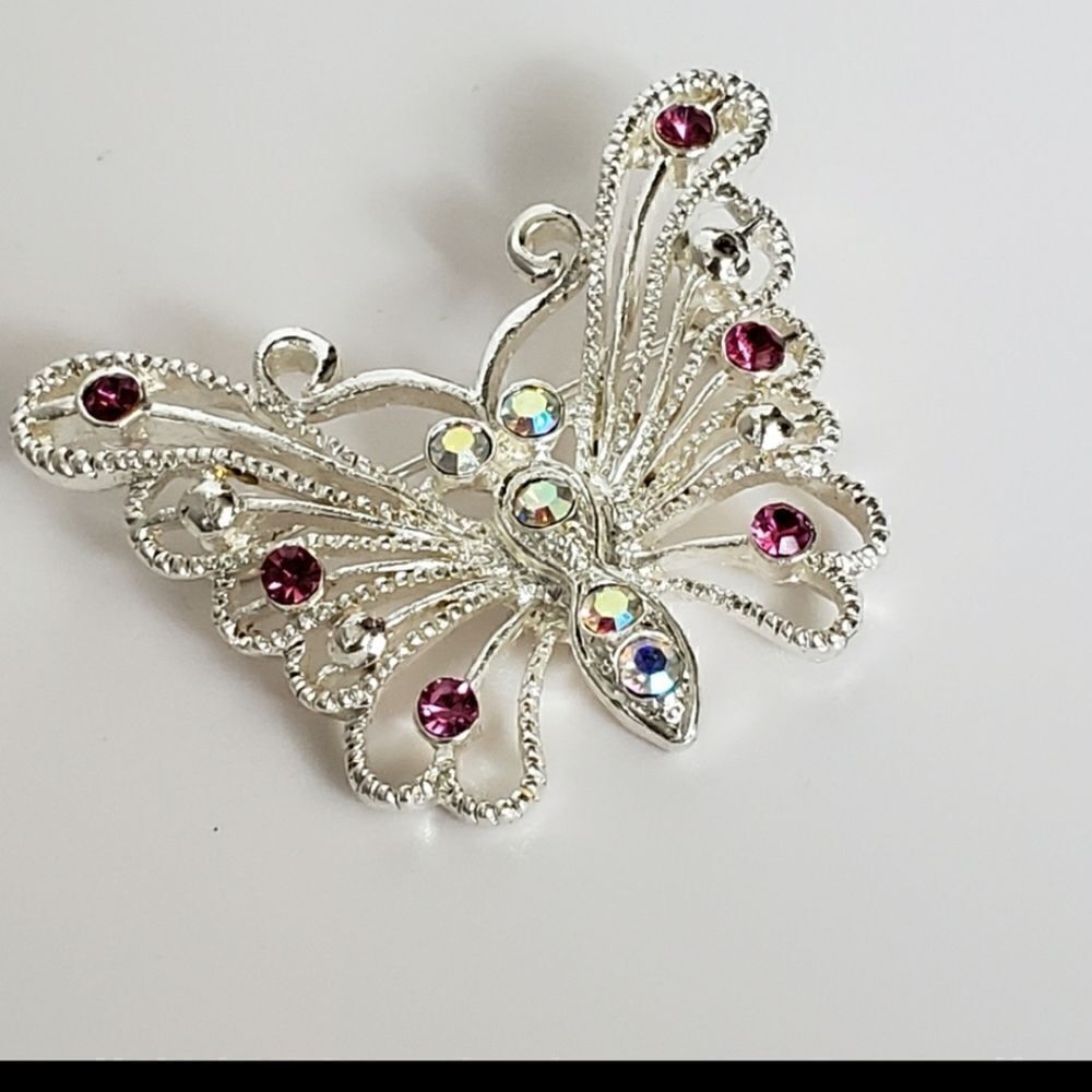 Silver-tone Filigree Butterfly Brooch Pink Crystals - Picture 4 of 7